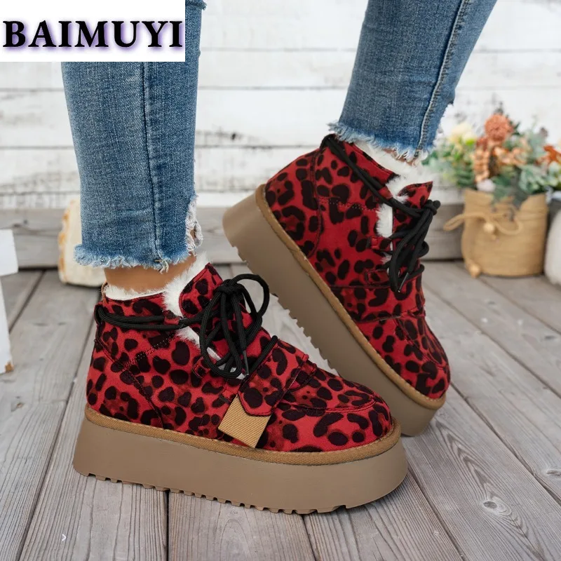 Leopard Women Platform Flats Snow Ankle Boots Suede Warm Shoes Winter 2025 New Short Plush Chelsea Boots Casual Sport Booties