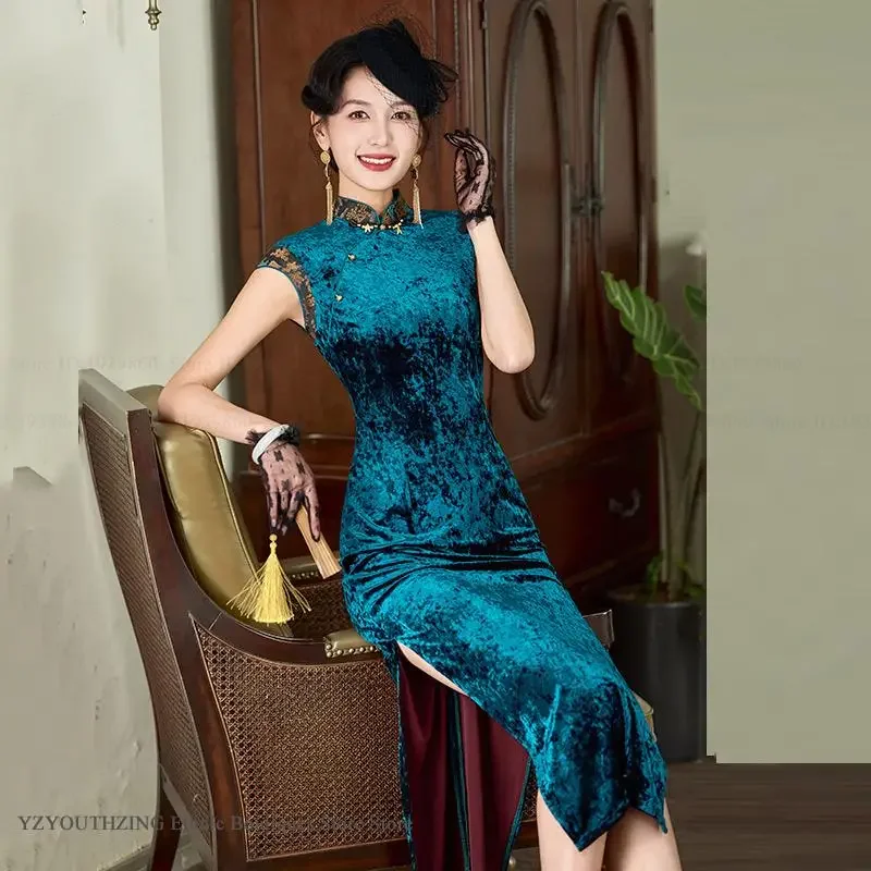 

Традиционный классический Femael Cheongsam восточный костюм ретро эластичный бархатный Ципао новые длинные платья в китайском стиле сексуальные платья