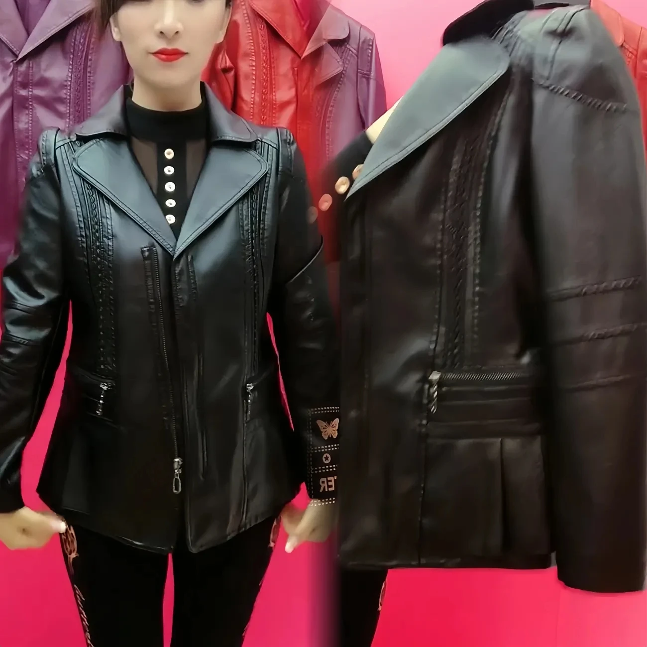 Women Leather Jacket 6XL Large Size Casual Short Zipper Locomotive Faux PU Leather Coat Middle-aged Elderly Windbreaker 6XL 7XL