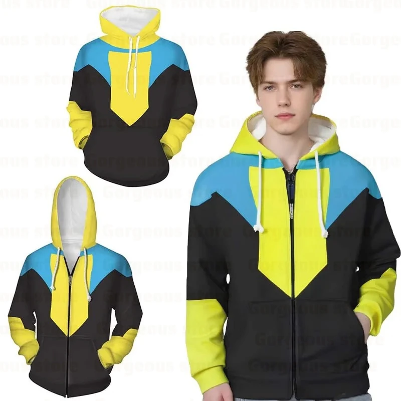 Anime Color Block Hoodies for Men Long Sleeve Pullover Sweatshirt with Pockets 3D Printed Casual Streetwear Zipper Jacket