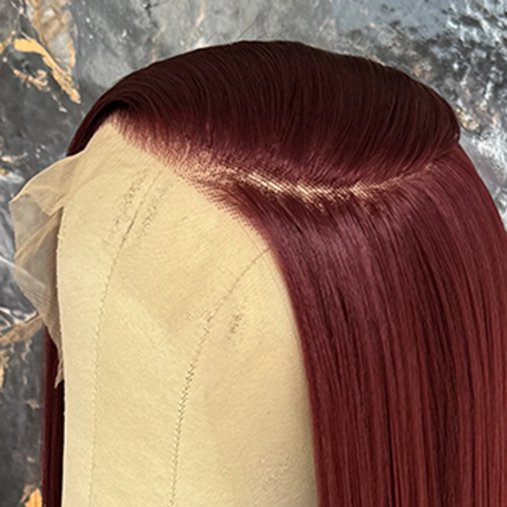 Borgonha reta Lace Front perucas, resistente ao calor, sintético, pré arrancado, parte livre frontal perucas, 13*6