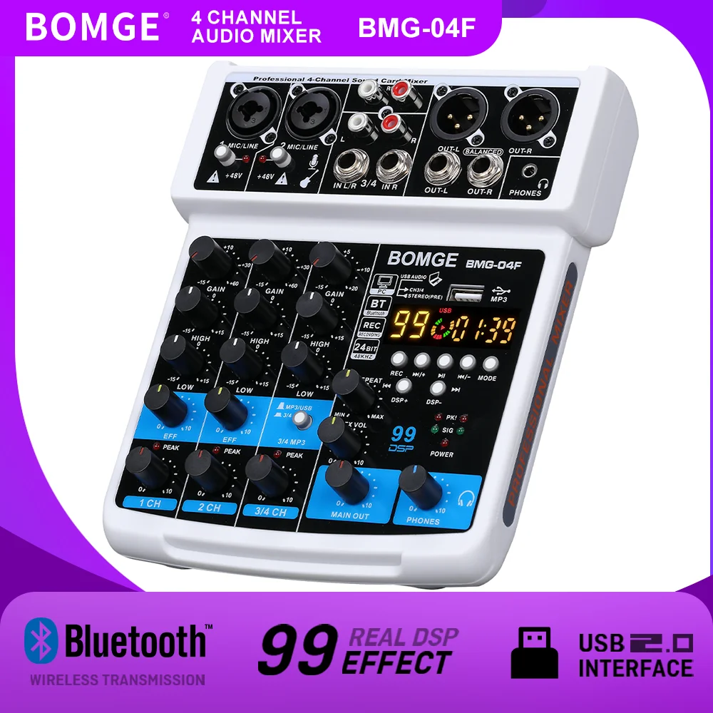 Audio Interface - BOMGE Tragbares 99DSP 4-Kanal-Audio-Mischpult mit USB-Schnittstelle,
