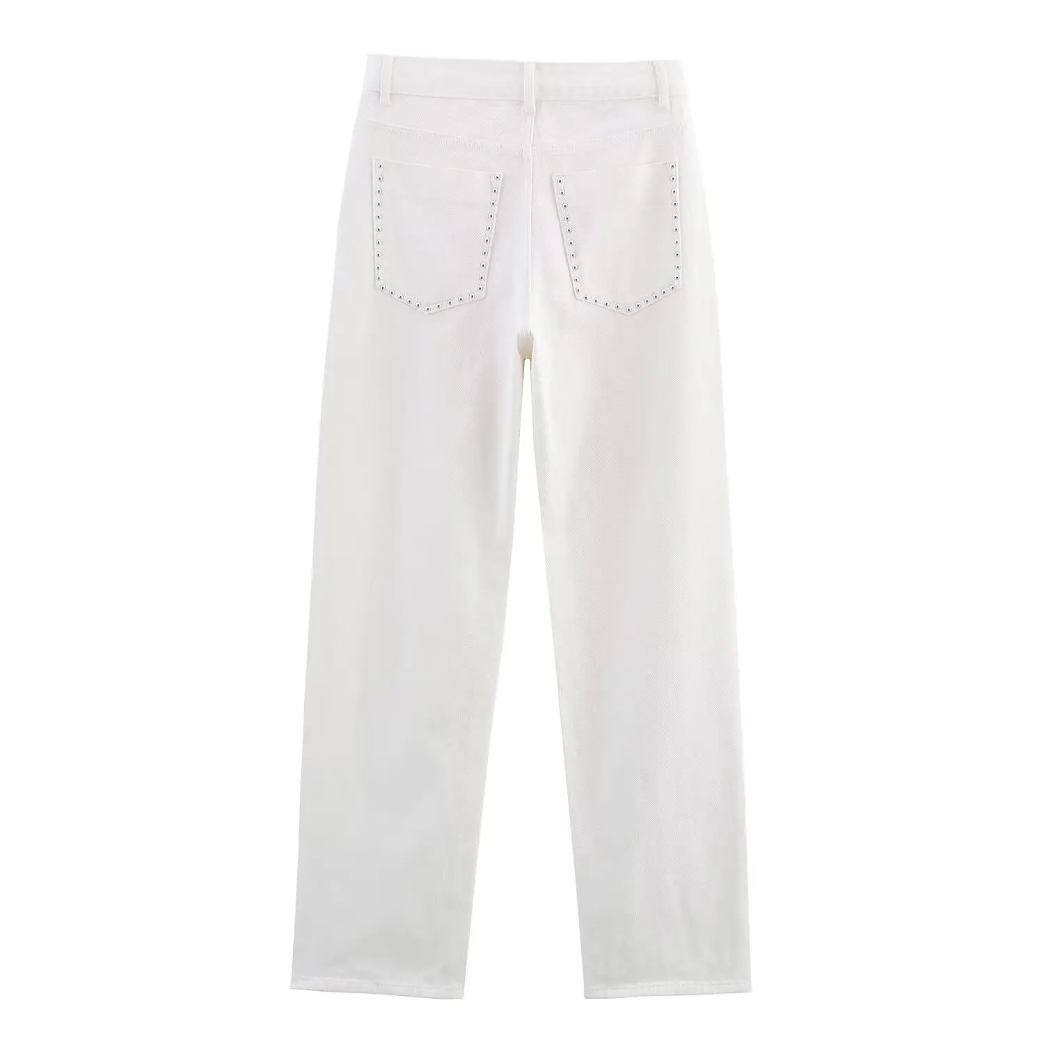 Faionable Rivet décoré jambe droite jean pantalon Long femme polyvalent taille moyenne coton l taille bouton fermeture