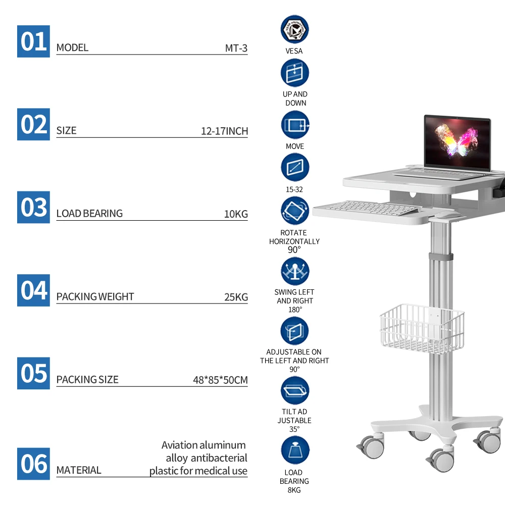 Distributor Price Mobile Medical Laptop Trolley with Wire Basket  &Adjustable Pneumatic Type for Hospital or Clinic Use