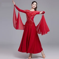 Modern Dance Dress wine red Ribbon Professional Competition Standard Dress Purple Sequin dark green Waltz Ballroom Dress
