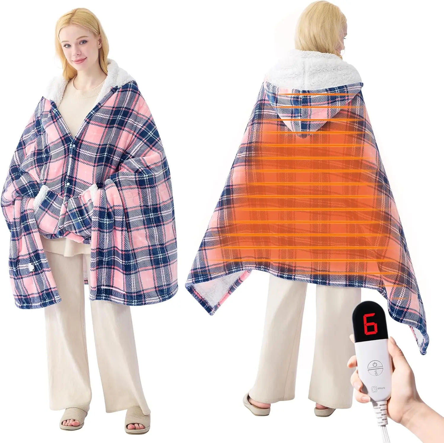 

Wearable Heated Shawl with Hood & Pockets - 6 Heat Settings, Auto-Off, Reversible Flannel Sherpa Blanket for Home, Pink