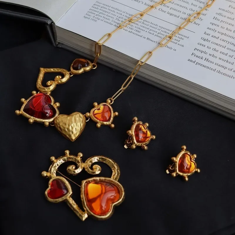 French glaze resin large heart necklace brooch earrings medieval jewelry set