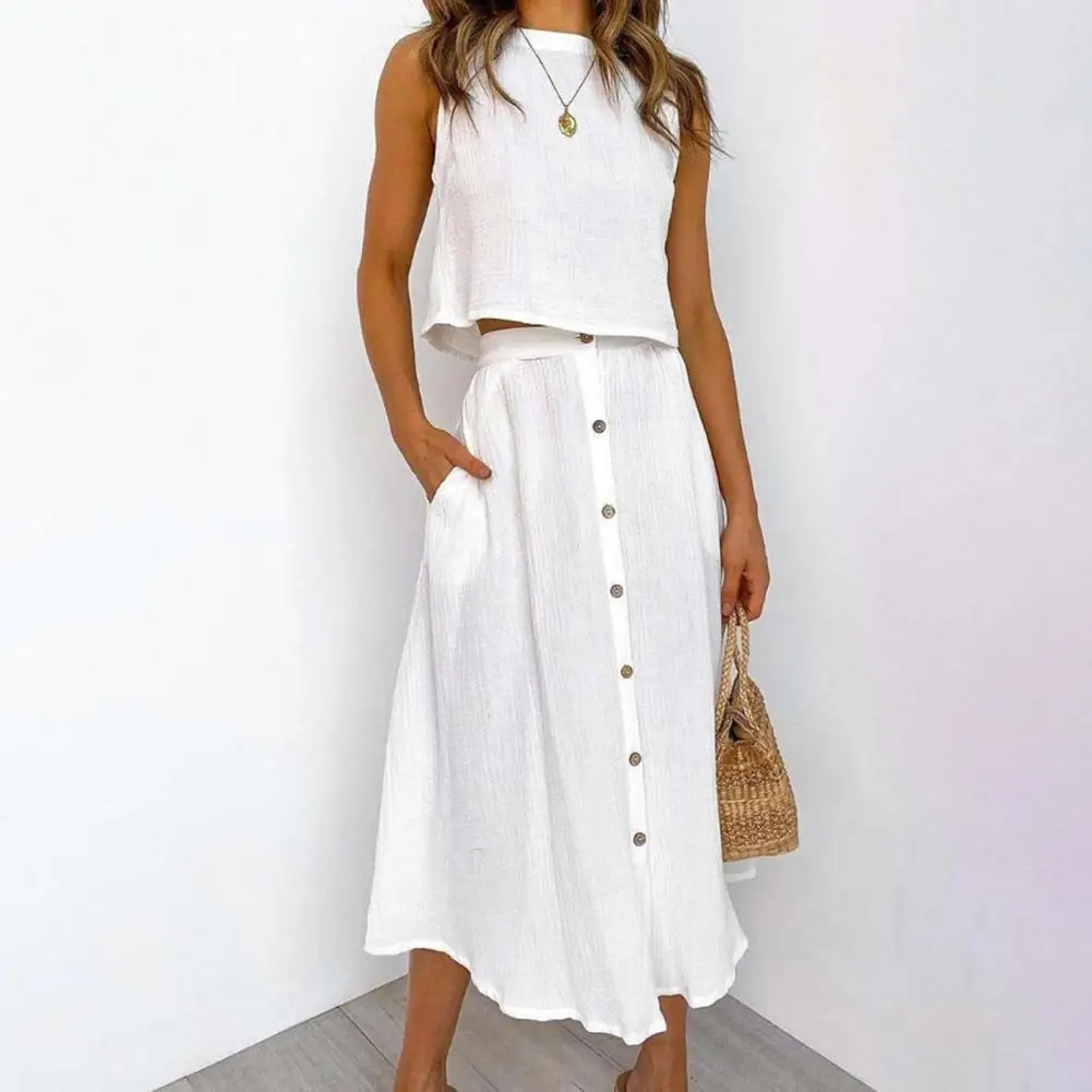 Summer Outfits For Women 2024 New Casual Cotton Linen Suit Loose Sleeveless Vest Single-breasted Skirt 2 Piece Set Women Outfit