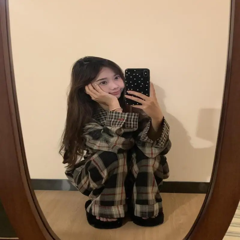 Conjunto de pijamas para mujer, pijamas cálidos de invierno para mujer, ropa navideña a la moda para el hogar, pijamas, conjunto de pijama lindo y suave con rejilla