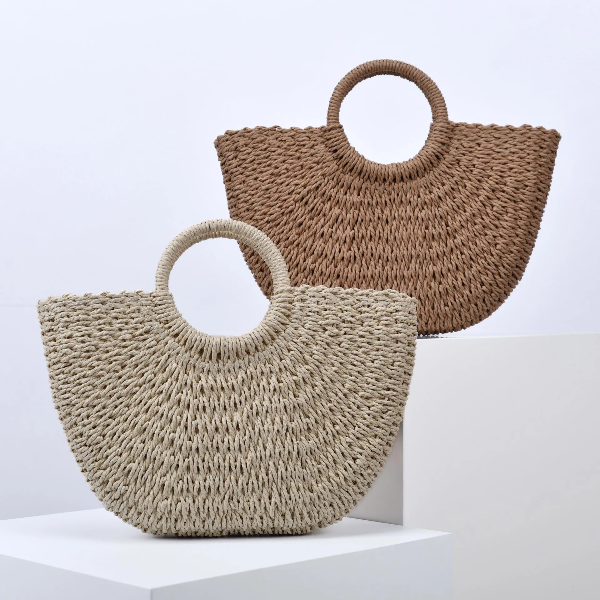 

Large Straw Woven Semi-circular Handbag, Moon Bag, Leisure Vacation Double Circular Handle Woven Tote Bag