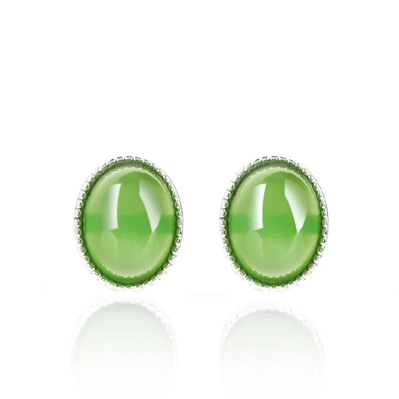 Spinach Green Natural Old Material Hetian Jade Agate-Shaped Earrings Women, S925 Silver Inlaid With Jadeite