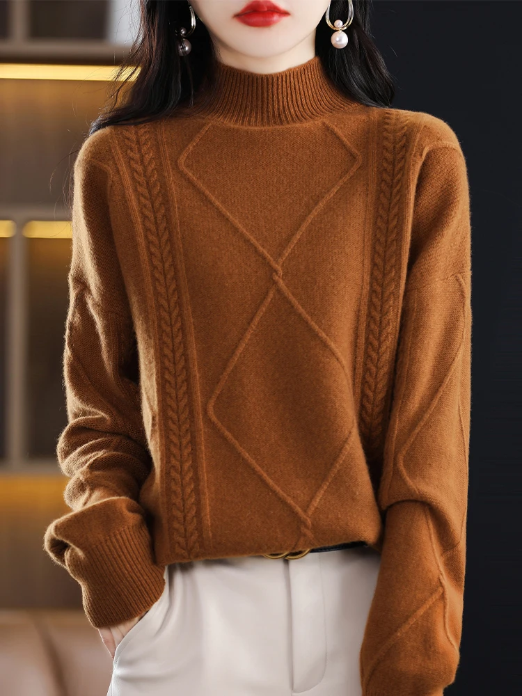 Fimora Autumn Winter Women Cashmere Sweater Thick Mock Neck Pullover Cable Knit 100% Merino Wool Knitwear Korean Style Tops