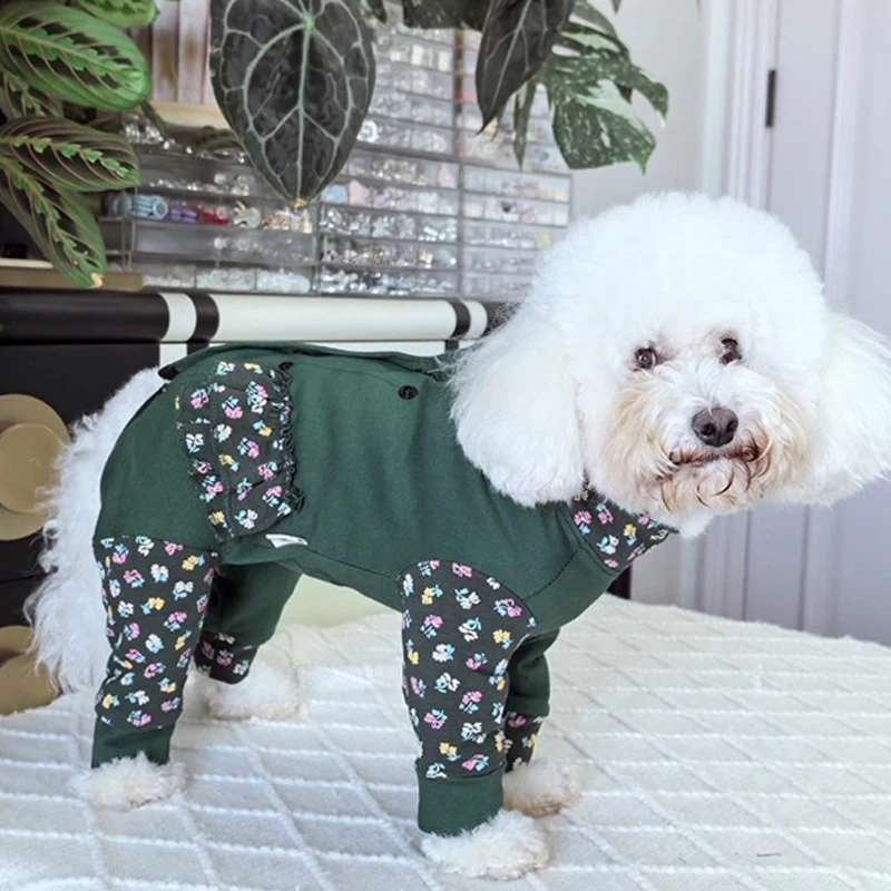 

Autumn Retro Green Puppy Clothing Casual Sportswear Rompers Cotton Print Wrap Belly Jumpsuits For Small Medium Dog Pet Clothes