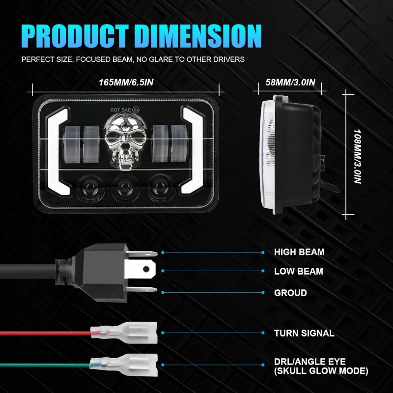 2Pcs LED Headlight 4x6 Inch Colorful Skull Glowing DRL Light For Truck Jeep Chevy Ford 4WD Offroad Headlamp 6000K 150W - view 4