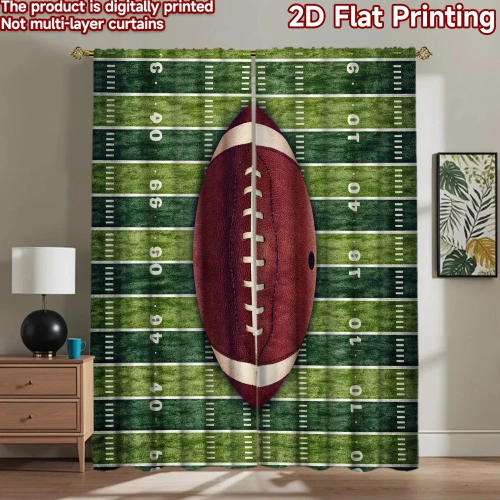 Decorative American Football Print Curtain Pair 2pcs Sports Game Day Window Panels Striped Green Sport Theme Decor