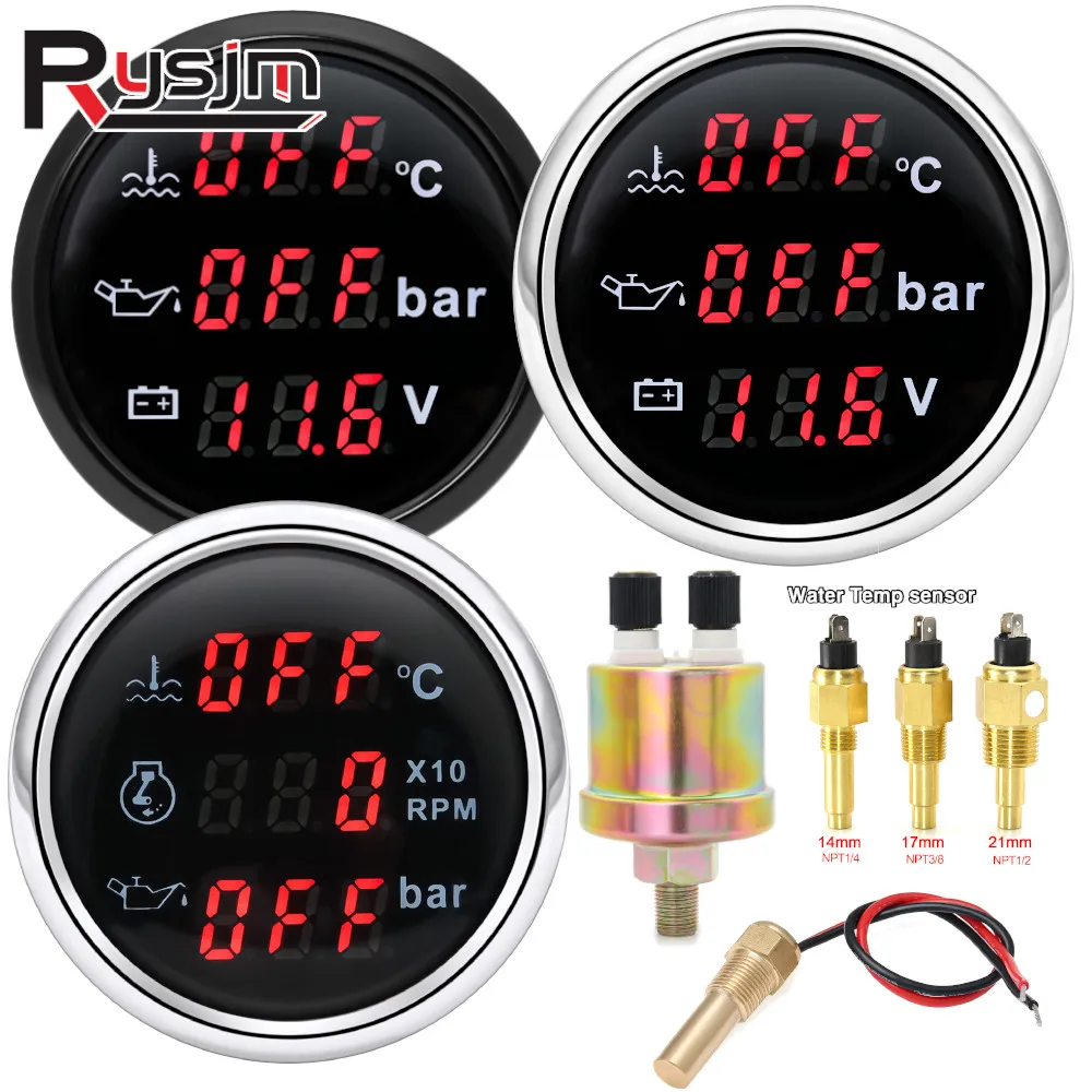 52mm Boat Car 3 in 1 Gauge with Alarm Digital Water Temp Oil Pressure Voltmeter with Sensor NPT1/8 Oil Press temperature sensors