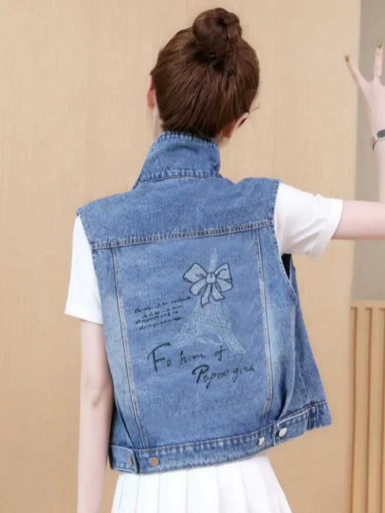 Light Blue Denim Vest Women's Spring Autumn Loose Casual Versatile Short Sleeveless Tank Top Coat City Commute Style Standard...