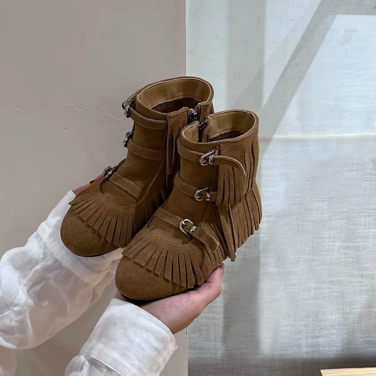 Kids'Snow Boots PU Leather Winter Fashion Tassel Flat Thick Bottom Shoes For Children Warm Anti-slip Khaki Yellow Size 26-36