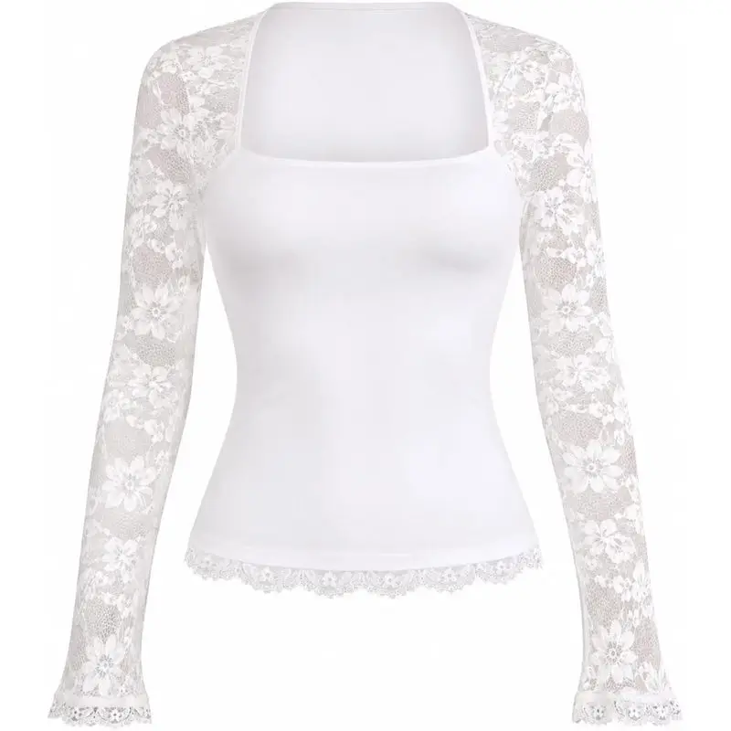 Elegant Lace Long Sleeve Tops with Sheer Mesh Patch, Fashion Hollow Out Crochet Blouse Summer Going Out