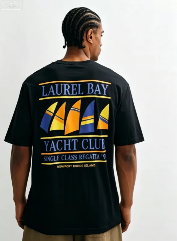 2026 new Round-neck Laurel Bay Yacht Club sailboat pattern back-printed men's and women's versatile short-sleeved T-shirt