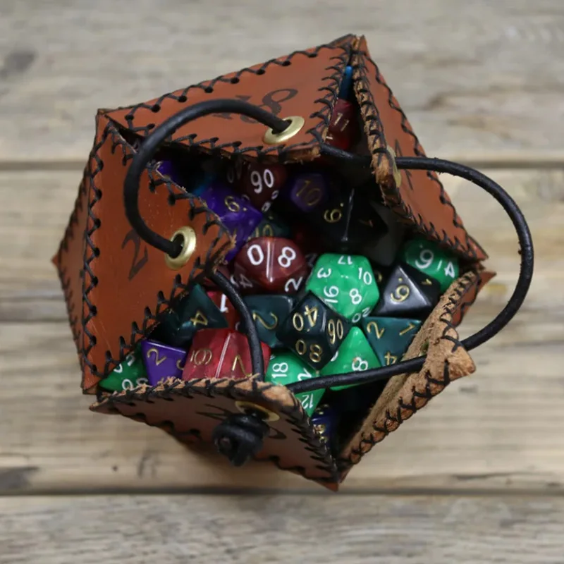 New D20 Dice Bag Polygonal Dice Leather Storage Boxes Reinforced Drawstring for Daily Working Wearing Gift