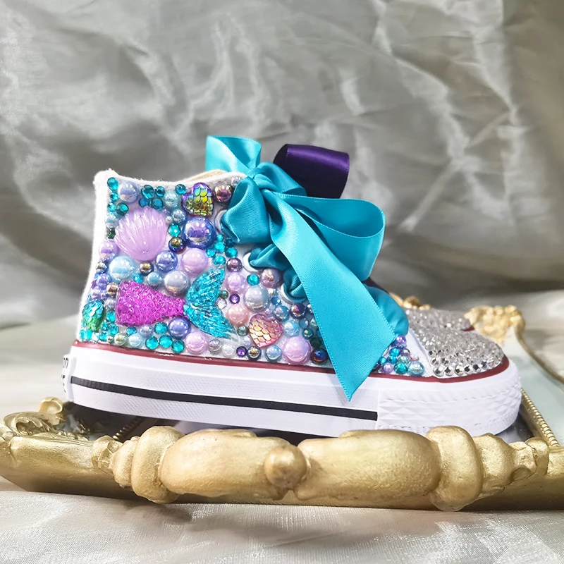 Simulazione di conchiglie fai da te Bling scarpe fatte a mano tela tema oceano bambini ragazza compleanno sirenetta Party High Top Pearls Sneakers