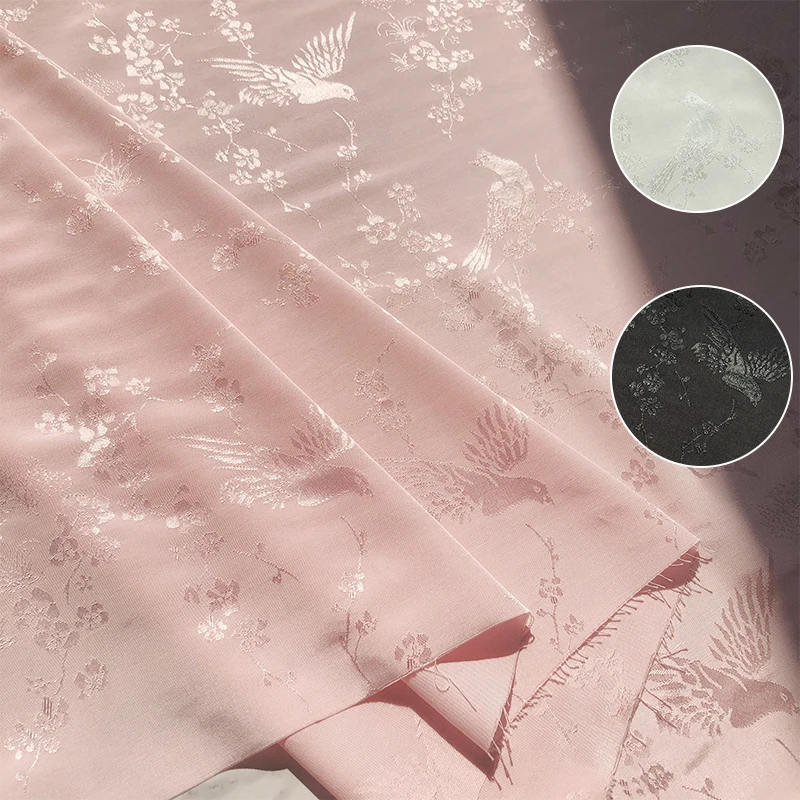 Jacquard Fabric By The Meter for Dresses Shirts Hanfu Skirt Sewing Flower Bird Luster Plain Black White Drape Soft Silky Textile