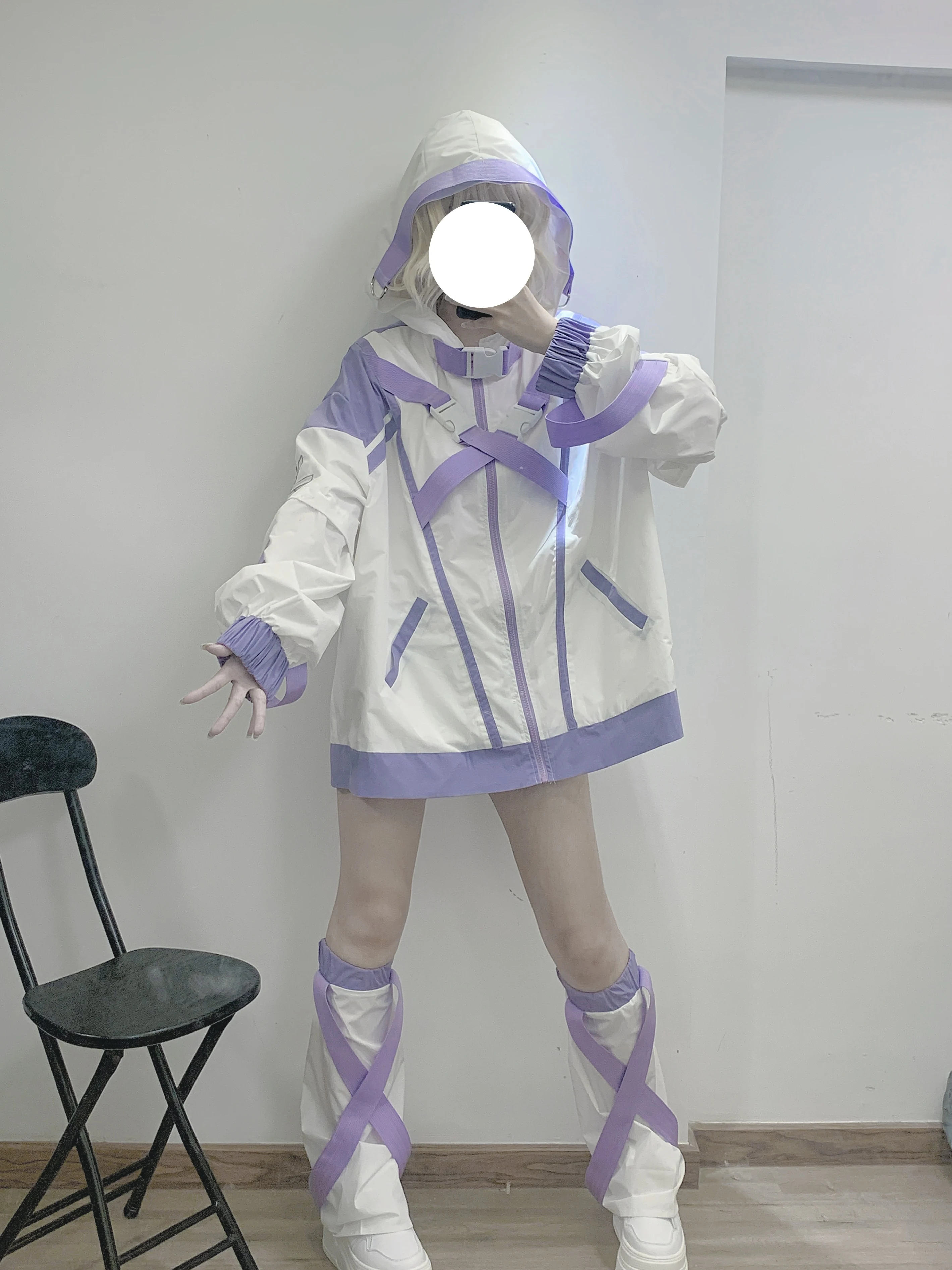 Mechanical Style Detachable Sleeve Outdoor Jacket Coat Mine Series Two-Dimensional White Purple Jacket and Shorts Leg Warmer Set