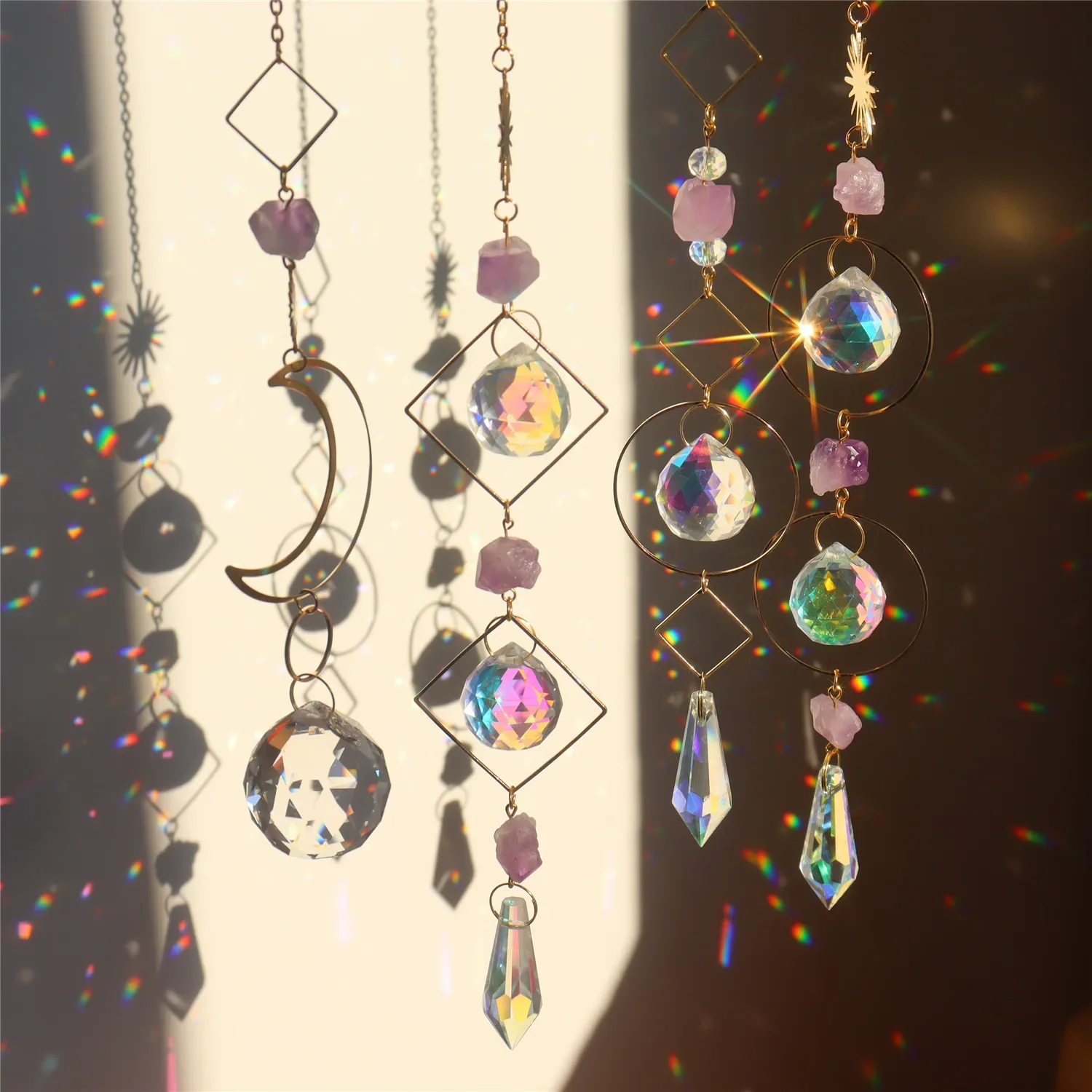 Sun Catcher Diamond Prisms Pendant Sun Moon Stars Crystal Beads Exquisite Rainbow Wind Chimes Home Garden Decor Hanging