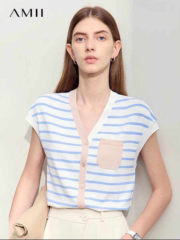 Amii Minimalism 2024 Summer Striped Women Wool Sweater Cardigan New Office Lady V-neck Spliced Female Slim Fashion Tops 12452106