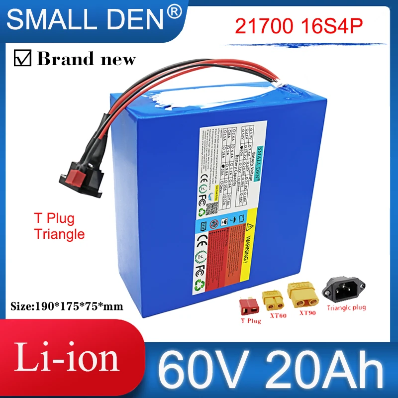 60V 20Ah 21700 Lithium Battery Pack 16S4P Built-in 40A BMS, For 1000-2500W High Power E-Motorcycle Scooter Tricycle Li-ion Cells