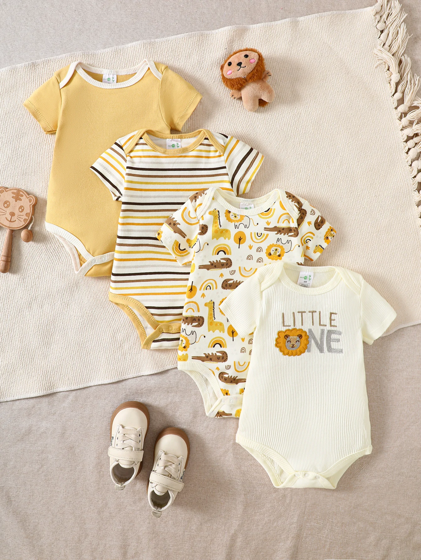 4Pcs Baby Bodysuit Set Newborn Short Sleeve Cotton Onesie Cartoon Lion Giraffe Print Striped Solid Color Infant Jumpsuit Summer