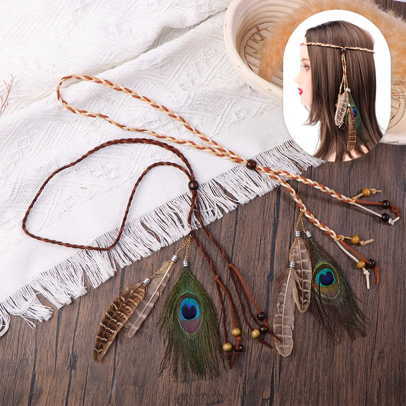 Retro Boho Peacock Feather Braided Rope Headband Hairband Women Headgear Feather Headdress Indian Headwear Hair Accessories Gift