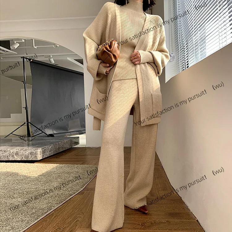 

ZOCI-Knitted set 2024 autumn and winter thickened new style fashion wide-leg pants sweater cardigan three-piece set women