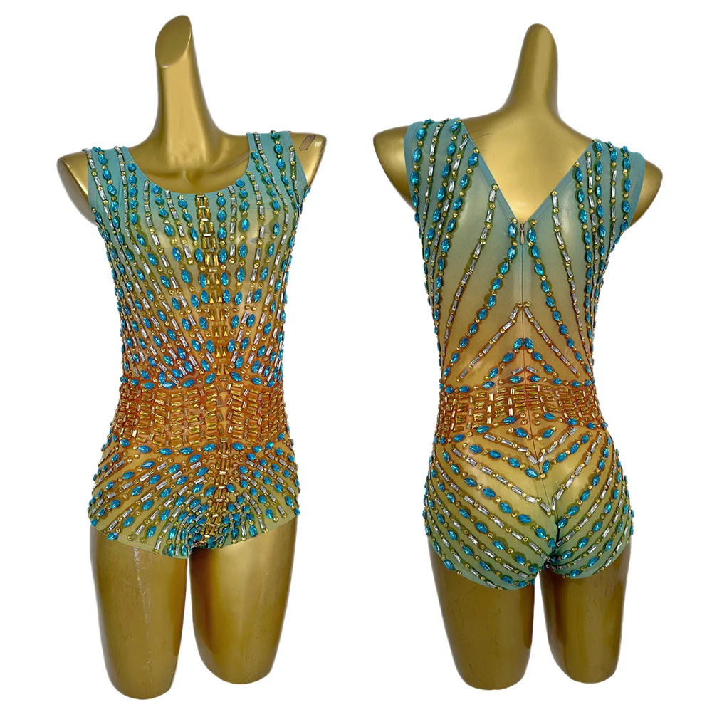 

Designer Sleeveless Crystal Rhinestone Playsuits Aerial Dance Bodysuit Women Showgirl Leotard Stage Performance Short Jumpsuit