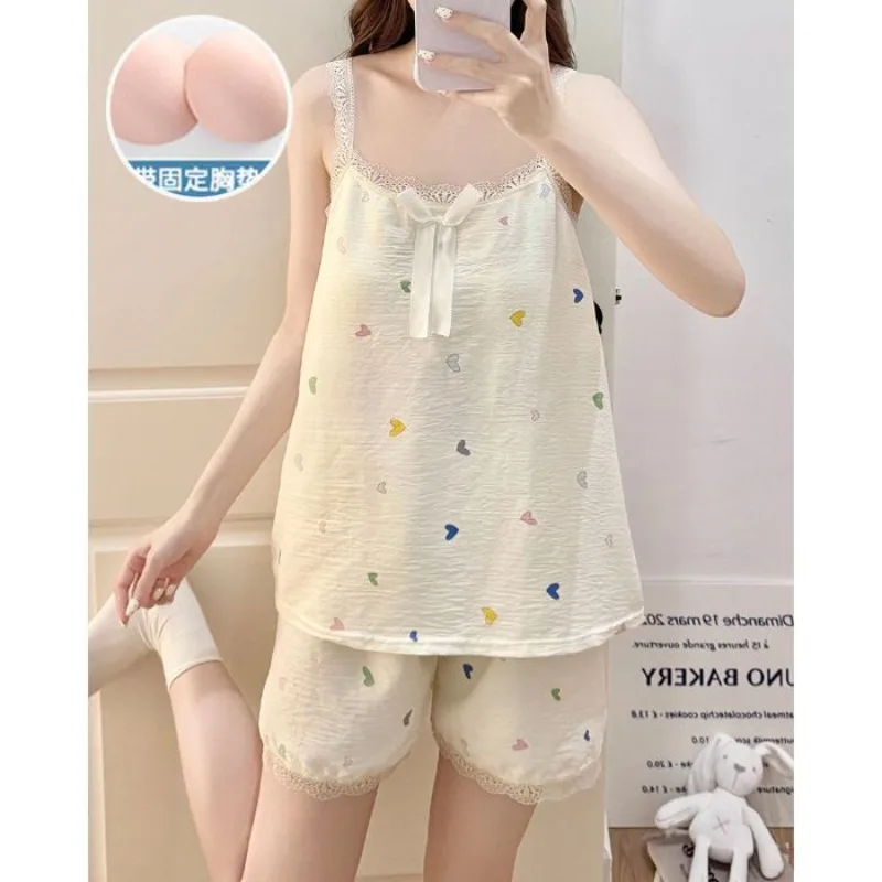 

Korean Students Cloud Cotton Pajamas Set Women Summer Bra Free Suspender Shorts 2 Pieces Set Lace Trim Cartoon Sweet Loungewear