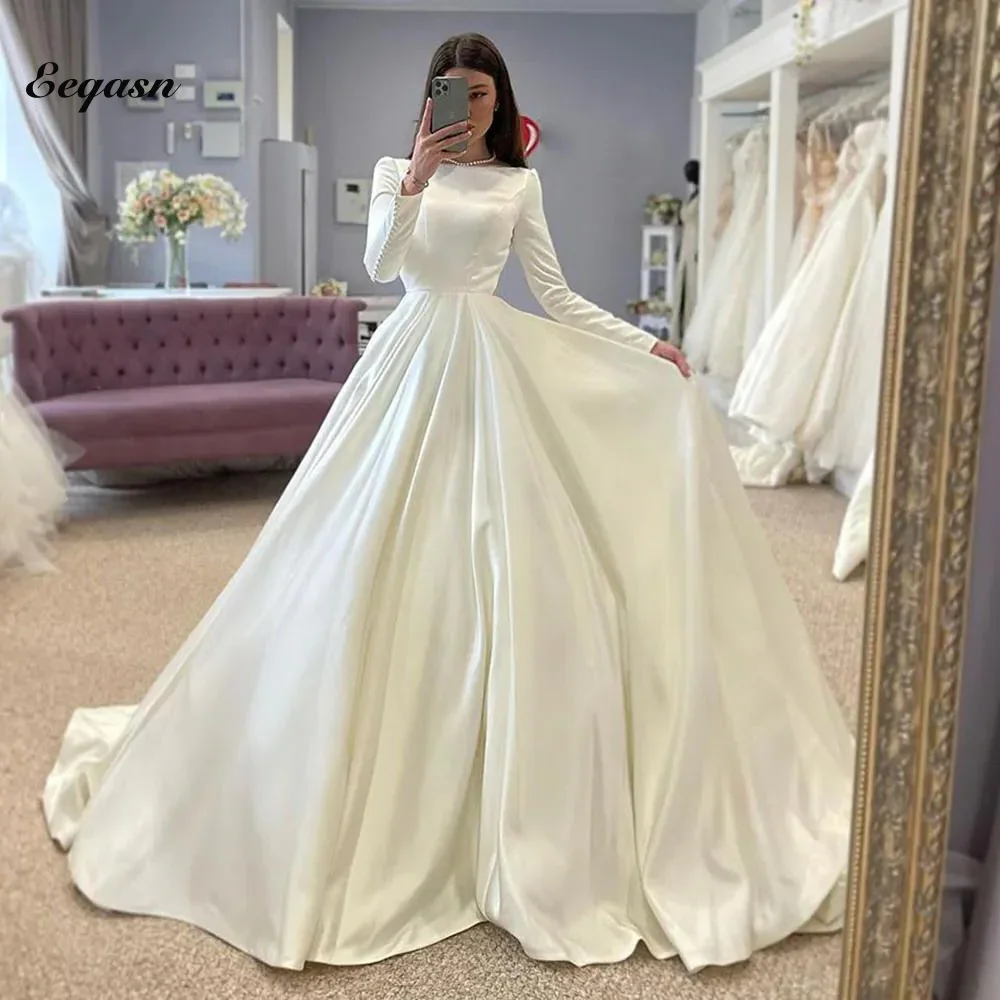 

Dreamy White Wedding Dress Long Sleeve Satin Princess Bridal Gowns 2024 Floor Length Vestidos De Novia Minimalist Robe De Mariée