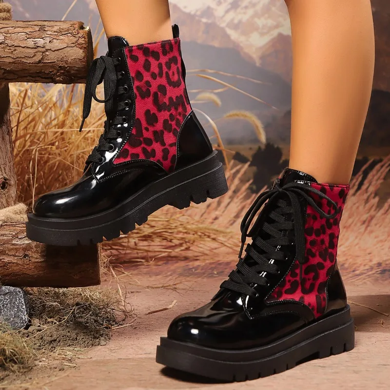 Fall New Slope Heel Single Boots Women's Fashion Round Head Leopard Print Splicing Front Lace-up Comfortable Short Boots