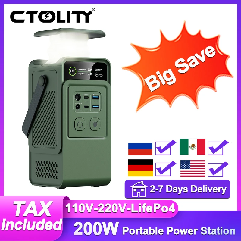 

Портативная электростанция CTOLITY 200 Вт, 192 Втч, аккумулятор Lifepo4, аккумулятор, аккумулятор, аварийное питание, два порта USB TYPE-C для кемпинга на открытом воздухе