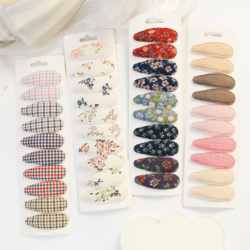 10Pcs/lot Fabric Plaid Fresh Print Cotton Alloy Hair Clips Kids BB Hairpins Girl Hairgripe Headwear  Children Hair Accessories