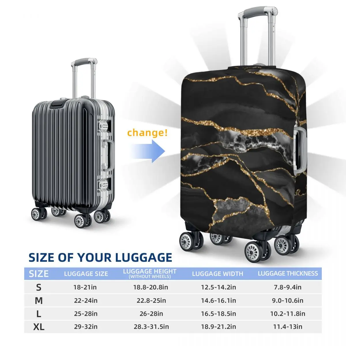 Glitter Marble Suitcase Cover Black and Gold Marbles Elastic Cruise Trip Protection Luggage Case Flight