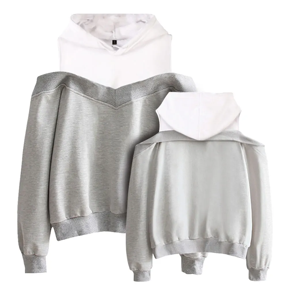 New Fashion Street Casual Solid Color Streetwear Strapless Long Sleeve Sexy Fake Two-piece Off Shoulder Women Hooded Sweatshirts