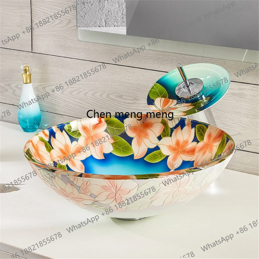 New Chinese style art glass wash basin Hand Painted Bathroom Wash Basin tempered glass balcony wash basin sanitary ware