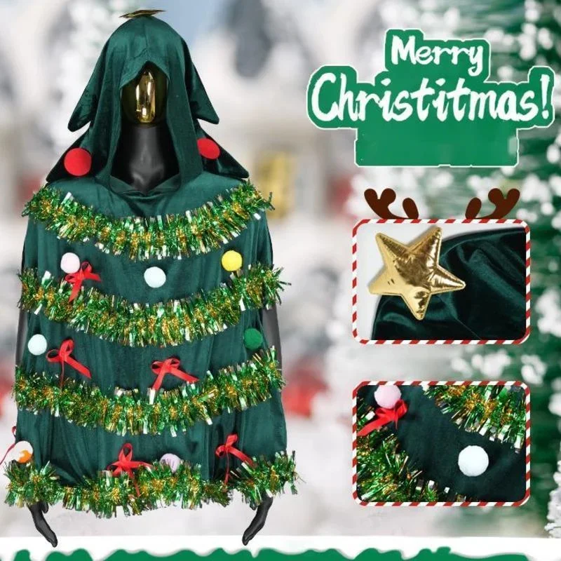 Hristmas Tree Short Hooded Cape Male Autumn Winter Adult Role Play Dress Christmas Dress Stage Female Performance Dress Top New