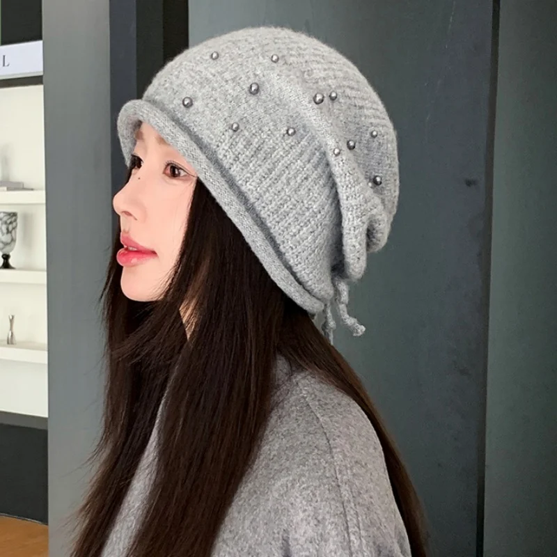 

Pearl Fashion Pile Beanie Women's Autumn Winter Versatile Knit Hat Casual Warm Earflap Beanie Soft