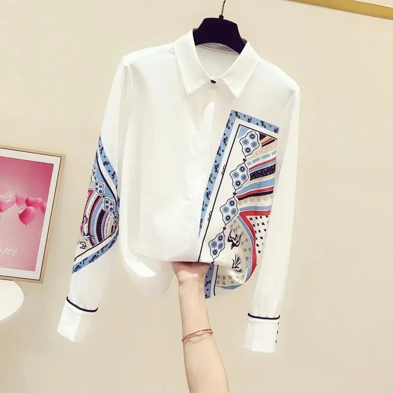 Spring Autumn Chiffon Polo Neck Shirts Pure White Loose Trend Office Lady Fashion Elegant Design Sense Long Sleeved Satin Blouse