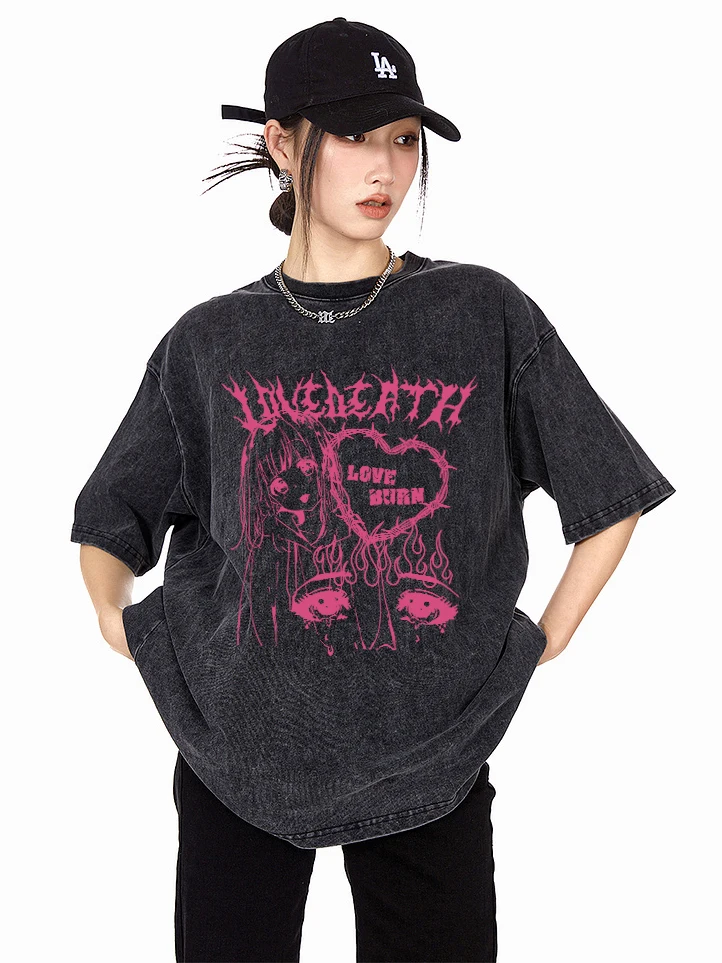 

Summer Women Cotton Washed T-Shirt Love Burn Kawaii Comic Girl Print Short Sleeve Fashion O-Neck Tops Oversize Female Clothes