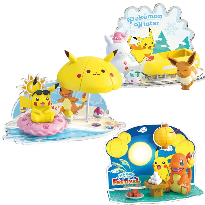 Anime Kawaii Pokemon Scene Series Toys Pikachu Summer Eevee Winter Charmander Autumn Assembly Building Blocks Birthday Gift