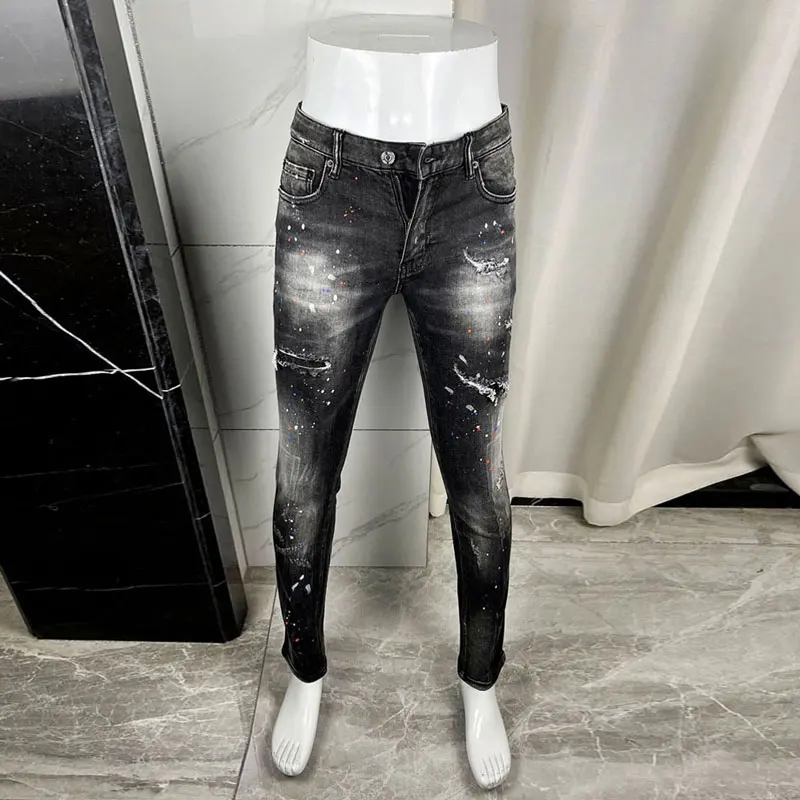 

Street Fashion Men Jeans Retro Black Gray Stretch Slim Fit Vintage Ripped Jeans Men Painted Designer Brand Denim Pants Hombre