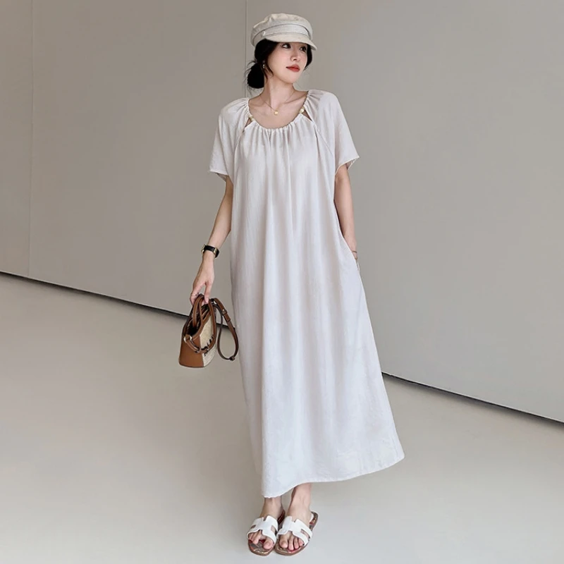 فستان صيفي رائع من القطن والكتان بأكمام قصيرة أنيق طويل مقاس كبير مطرز للعطلات فستان نسائي فضفاض مناسب رداء Elbise